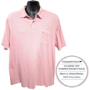 Vineyard Vines Classic Fit Polo Shirt Mens L Pink White Stripe Pocket Pima